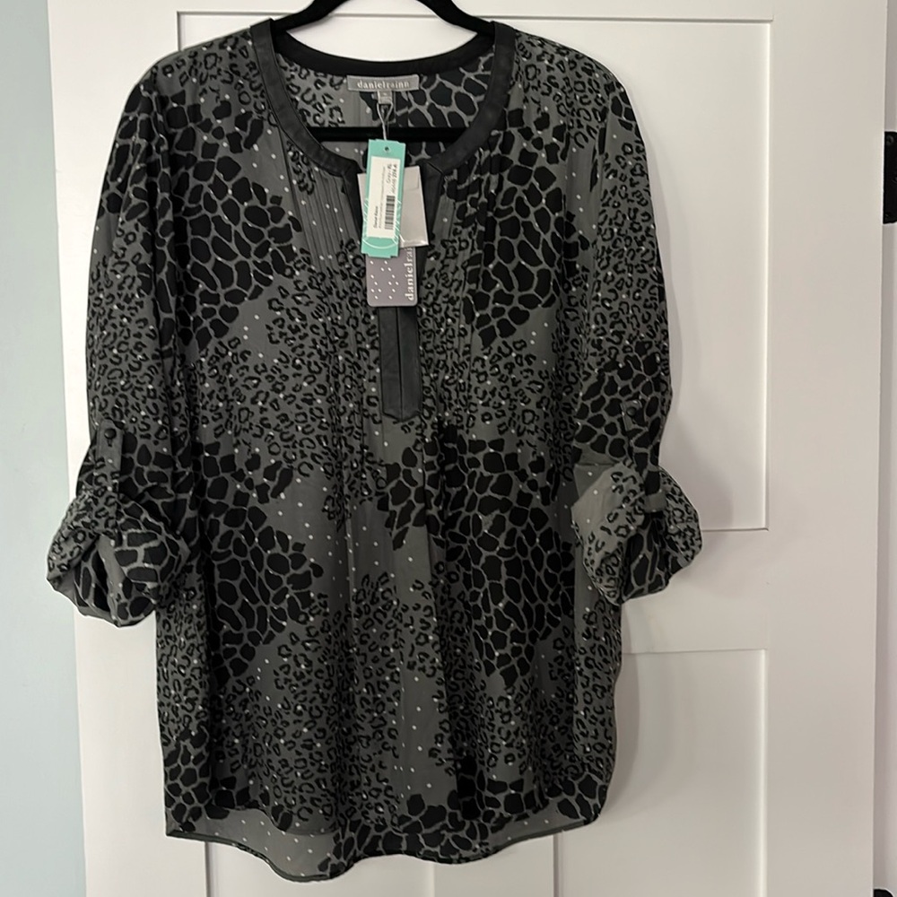 Daniel Rainn Anika Faux Leather Trim Leopard Print Blouse